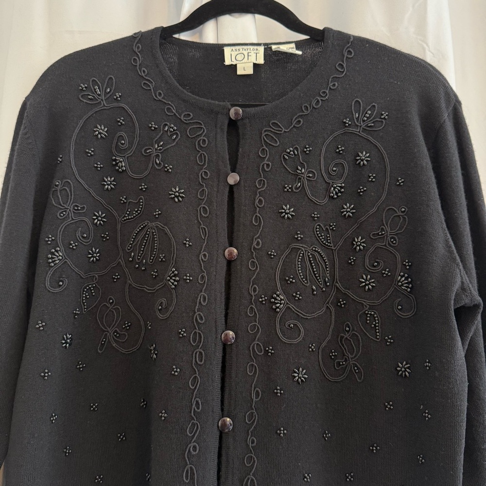 Vintage Ann Taylor LOFT Beaded Wool Cardigan Black Floral Women’s Large - Picture 4 of 9